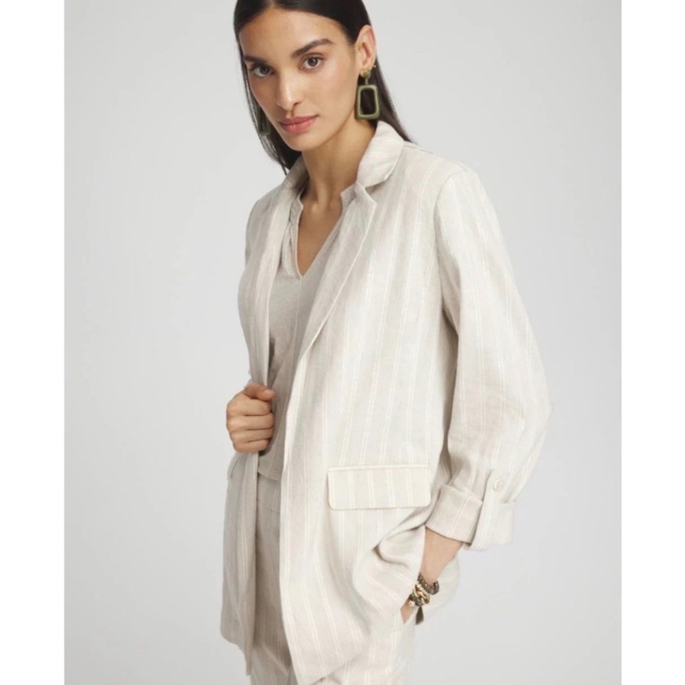 Chico's‎ Striped Linen Blend Open Front Blazer Beige White Size 2 L Minimalist